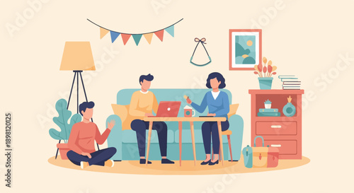Three people enjoying a casual indoor gathering with a lamp and decor