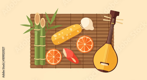 Still life with bamboo, citrus slices, a musical instrument, and food