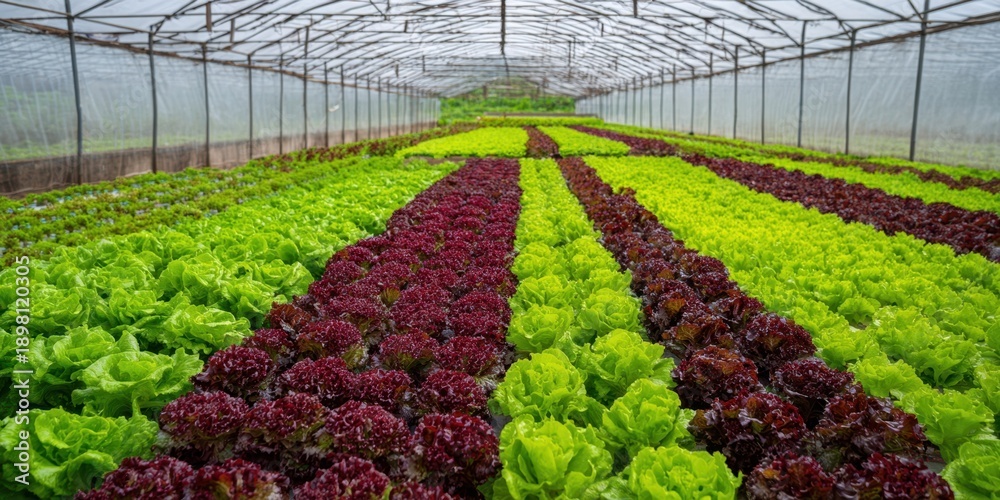 Fototapeta premium The Lettuce Greenhouse Showing Colorful Rows of Organic Leafy Crops