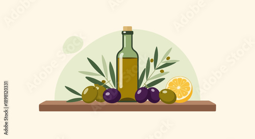 Still life with olive oil, olives, and lemon slice on a shelf