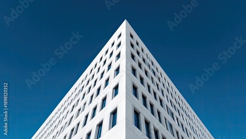 Modern architectural composition featuring a stark white building corner against a clear blue sky