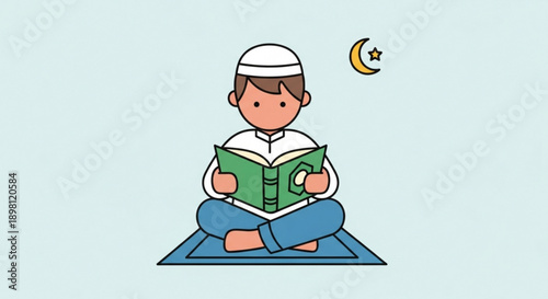 Young Muslim Boy Reading Quran on Prayer Mat during Ramadan
