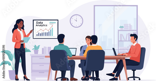 Team meeting discussing data analytics with presentation and laptops