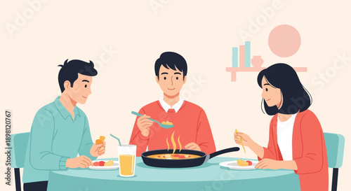 Three people enjoying a meal together around a table indoors