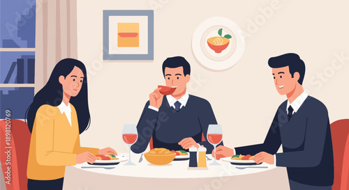 Three people enjoying a meal together at a table with food and wine
