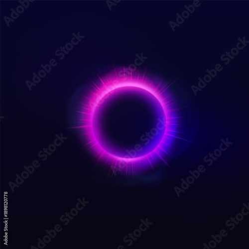 Purple neon halo circle with smoke and rays, glowing ring with bright luminous on dark background, vector planet eclipse