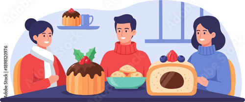 Three people enjoying festive cakes and treats at a table