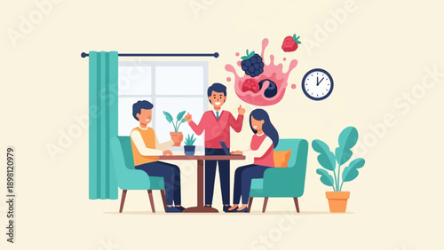 Three people enjoying drinks and a fruit smoothie at a table