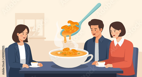 Three people enjoying mushroom soup and coffee at a table