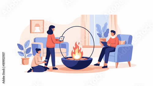 Three people gather around a cozy indoor fire with plants and furniture