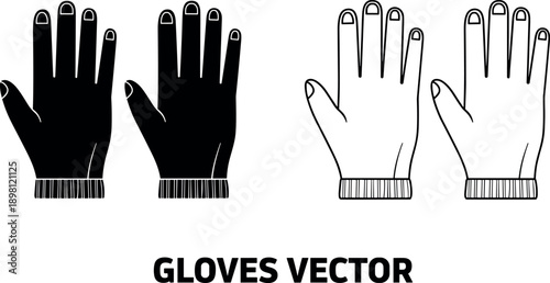 Black industrial gloves vector icon set with solid and outline line art symbols for hand protection safety winter clothing medical hygiene and workwear