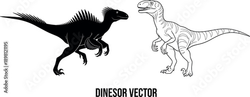 Black silhouette and outline of a feathered raptor dinosaur vector isolated on white background for prehistoric education, Jurassic era graphics, and extinct predator illustrations.