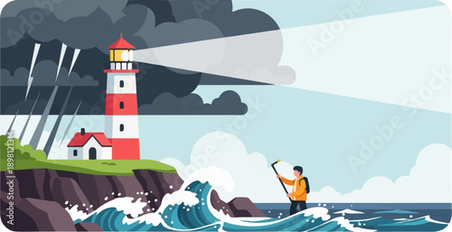 Stormy seas and a lighthouse guide a lone figure on the waves