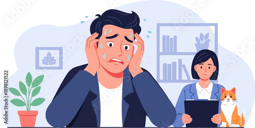 Stressed man with head in hands, woman with clipboard, and cat
