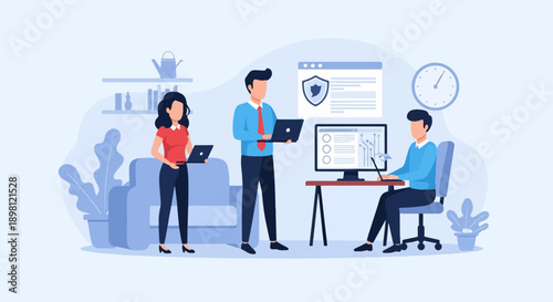 Team collaborates on tech project, using laptops and desktop computers