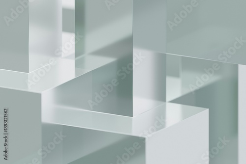 A minimalist, abstract background featuring stacked transparent and semi-opaque glass cubes with soft pastel green and grey tones, creating a modern, clean geometric pattern