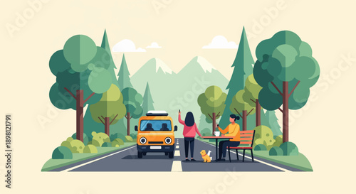 Scenic roadside stop with people, dog, and van amidst lush nature