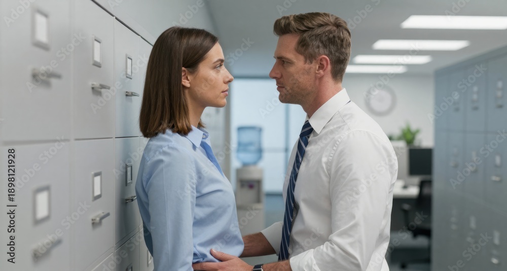 Fototapeta premium Office Encounter: Businesswoman Confronted by Colleague in Workplace, Potential Harassment or Intimate Moment, Tense Standoff
