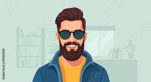 Stylish man with beard and sunglasses smiling in an office with books