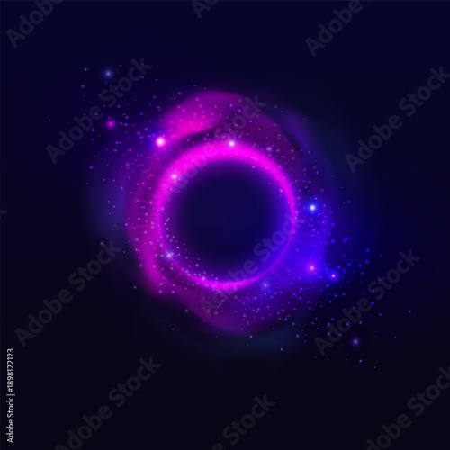 Purple neon halo circle with smoke, sparks and rays, glowing sphere with bright luminous in alien galaxy vector design
