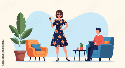 Stylish woman with drink and man on laptop in modern living room