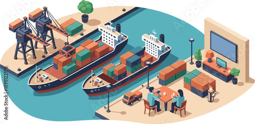 Ships with cargo containers, cranes, and a waterfront cafe