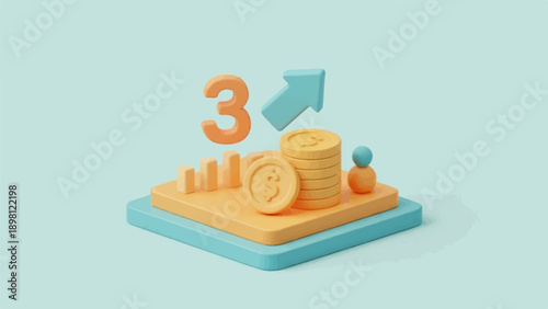 Stylized 3D render of financial growth with coins, bars, and up arrow