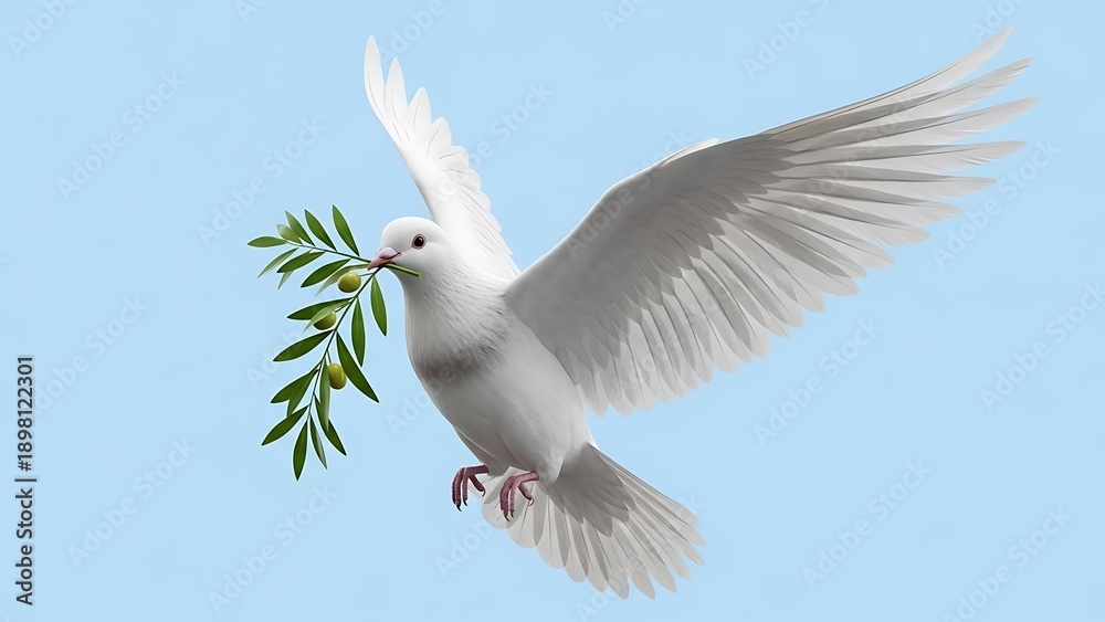 Obraz premium White Dove Flying with Olive Branch in Blue Sky