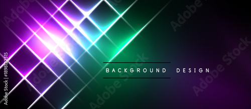 Abstract neon lines create vibrant gradient background. Bright light effects suggest futuristic design elements. Dark borders frame composition.