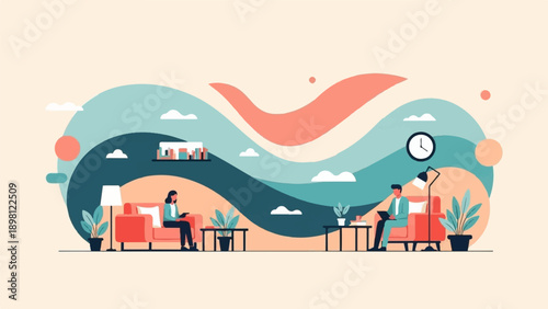 Stylized abstract illustration of two people working remotely in a serene indoor setting
