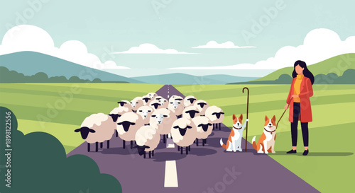 Shepherdess with flock of sheep and dogs on a road