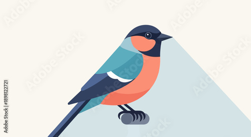 Stylized bird with coral and teal feathers perched on a branch