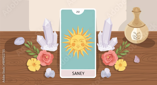 Tarot card with sun design, crystals, flowers, and potion bottle on a wooden table