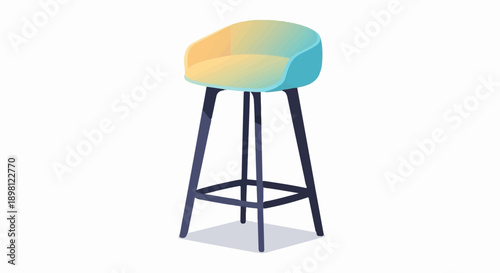 Tall bar stool with curved blue and yellow cushioned seat and dark legs