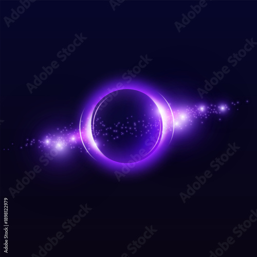 Purple neon halo circle with blur and rays, glowing ring with bright luminous on dark, radiant circular shape with flare