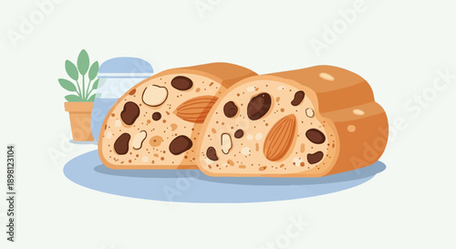 Sweet baked bread with almonds and raisins, served with a plant