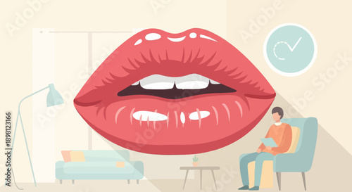 Surreal scene with large red lips, a man in a chair, sofa, lamp, and clock