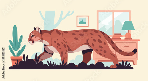 Stylized cougar with spots walks indoors near a plant and furniture
