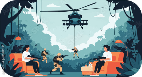 Surreal scene soldiers descend from helicopter into a home