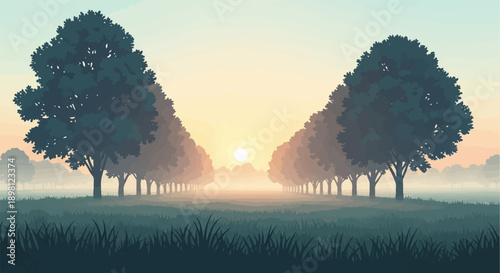 Serene sunrise illuminates a misty landscape with a symmetrical tree-lined avenue
