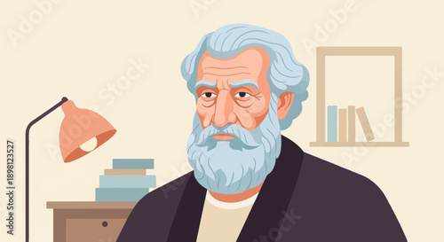 Stylized illustration of an elder man with a beard and books