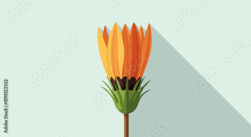 Stylized illustration of a single unopened orange and yellow flower with green sepals
