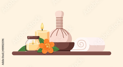 Serene spa arrangement with lit candles, a herbal poultice, and a rolled towel