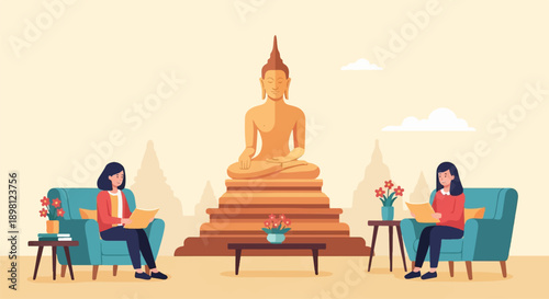 Serene scene with two women reading in comfy chairs, a Buddha statue