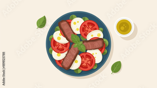 Stylized illustration of a Caprese salad with steak strips