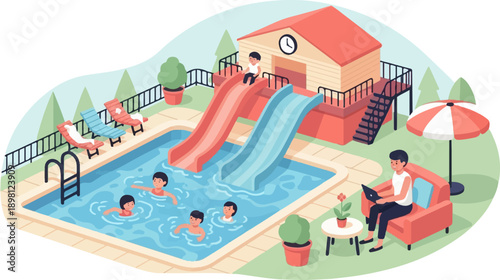 Sunny day at the pool with water slides, kids swimming, and someone relaxing