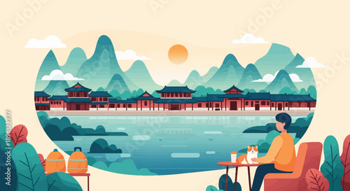 Serene riverside village with mountains, a person and pet enjoying a calm morning