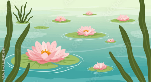 Serene pond with pink water lilies and tall green reeds