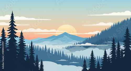 Serene pixel art sunrise over misty blue mountains and pine forest