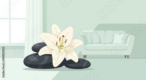 Serene living room vignette with a lily and smooth stones